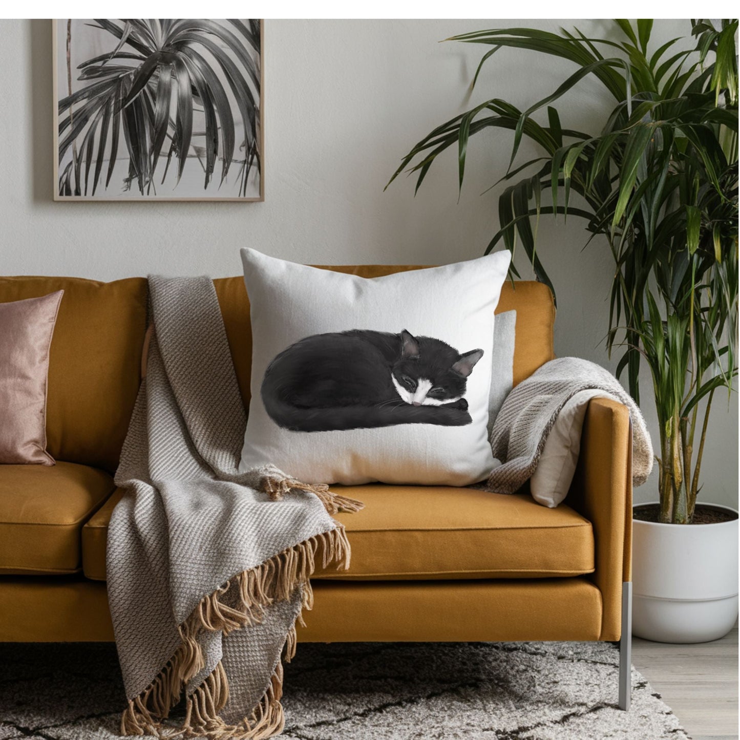 Black and White Cat Pillow - MerikaArt