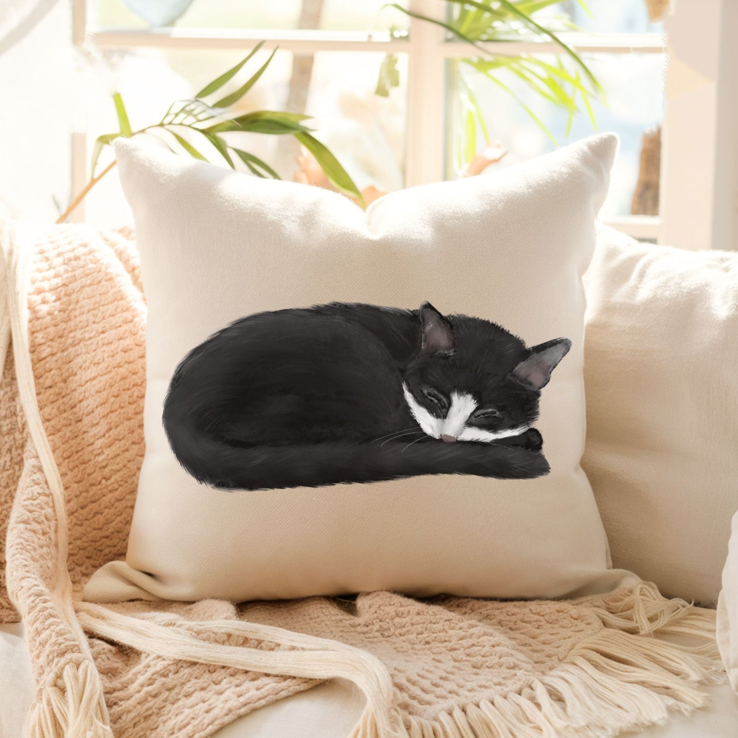 Black and White Cat Pillow - MerikaArt