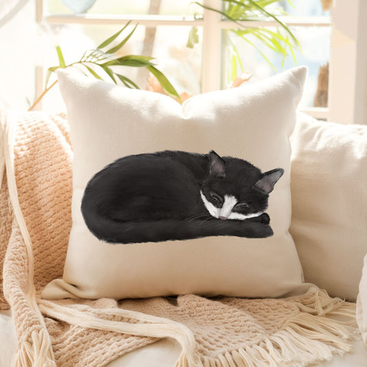 Black and White Cat Pillow - MerikaArt