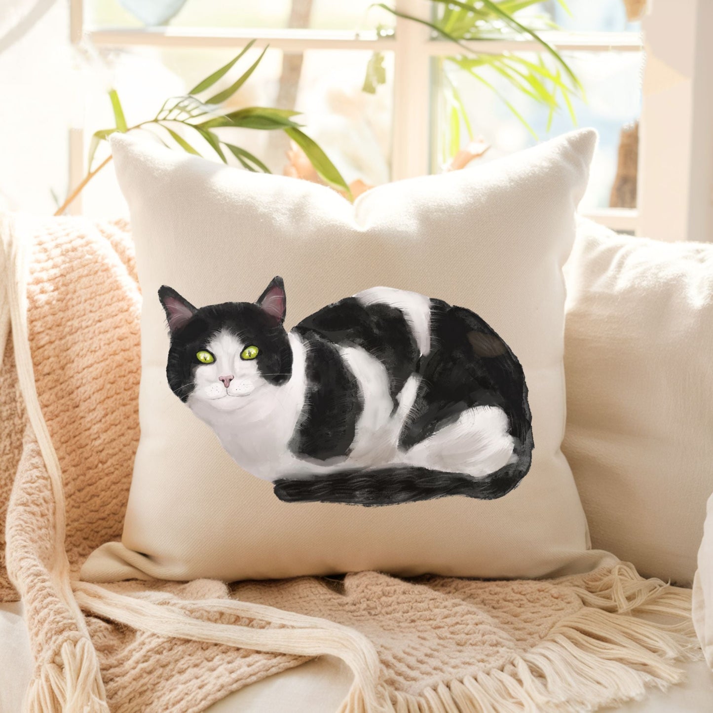 Black and White Cat Pillow - MerikaArt