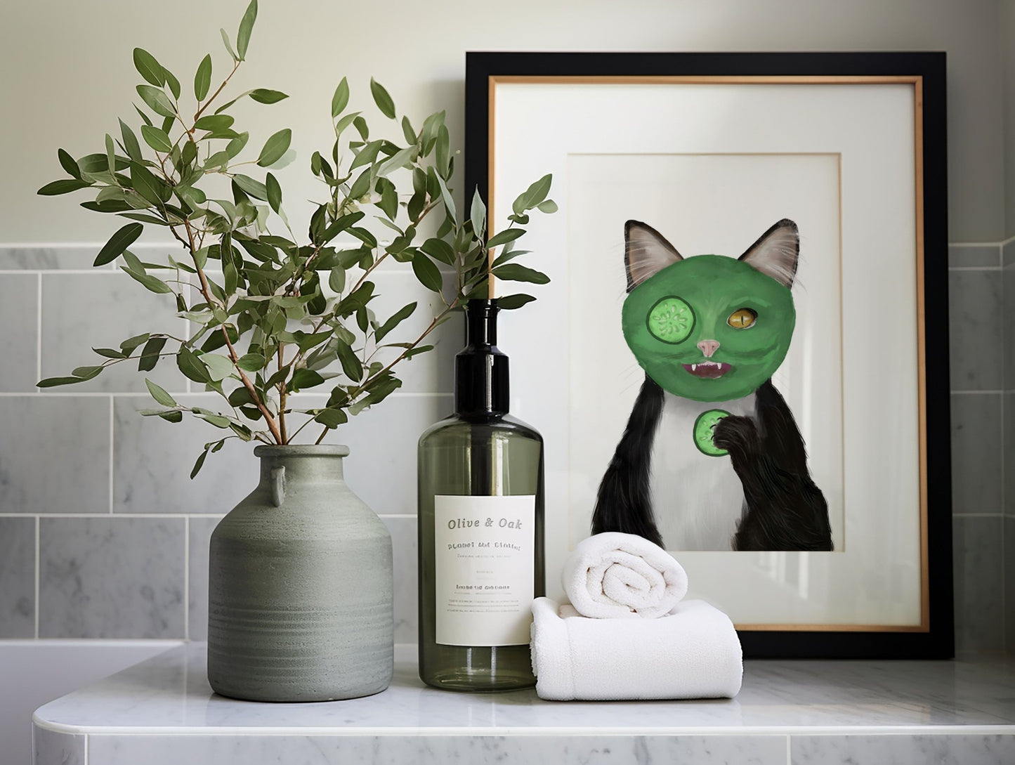 Black and White Cat with Face Mask – Fun Tuxedo Cat Art Print - MerikaArt