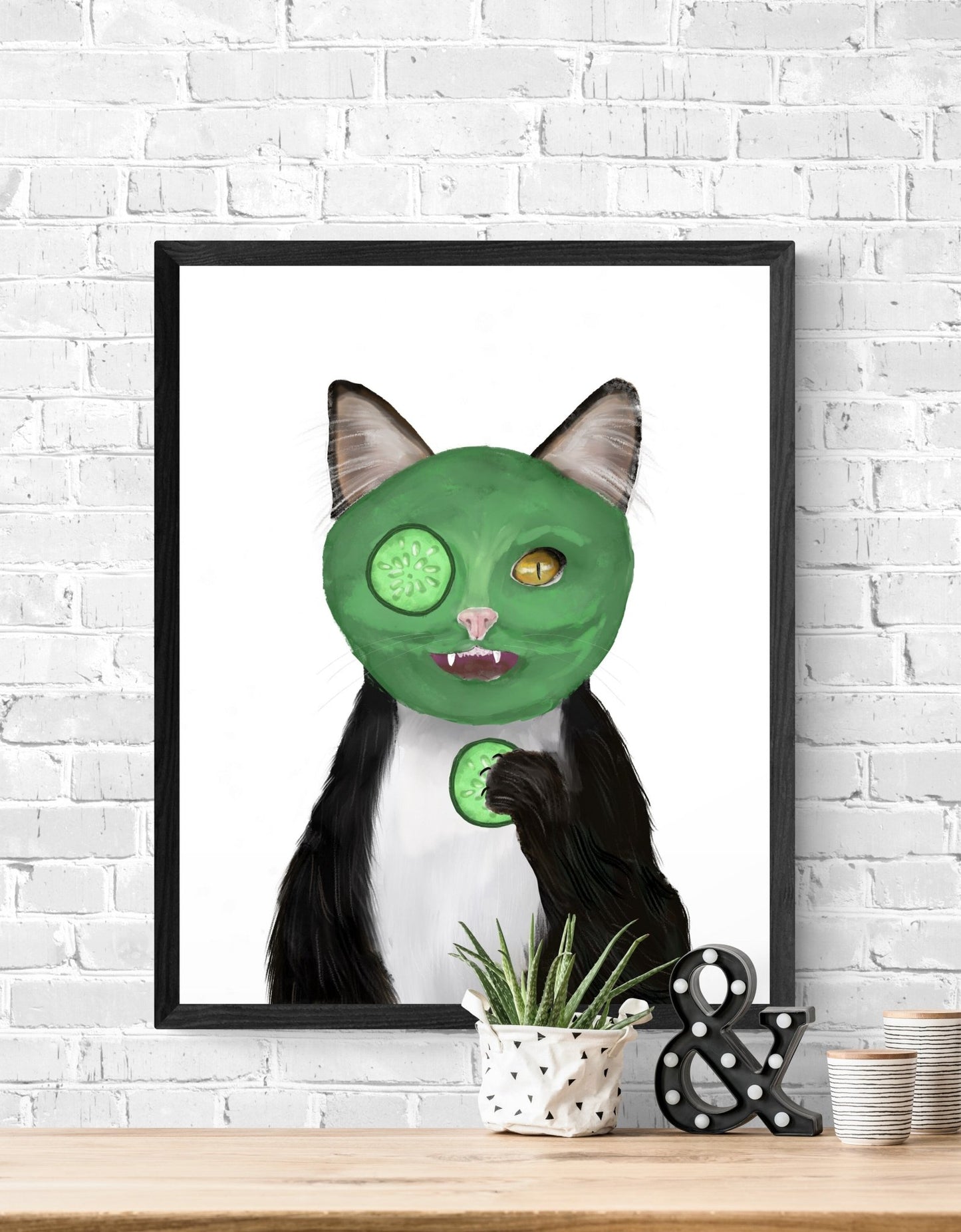 Black and White Cat with Face Mask – Fun Tuxedo Cat Art Print - MerikaArt