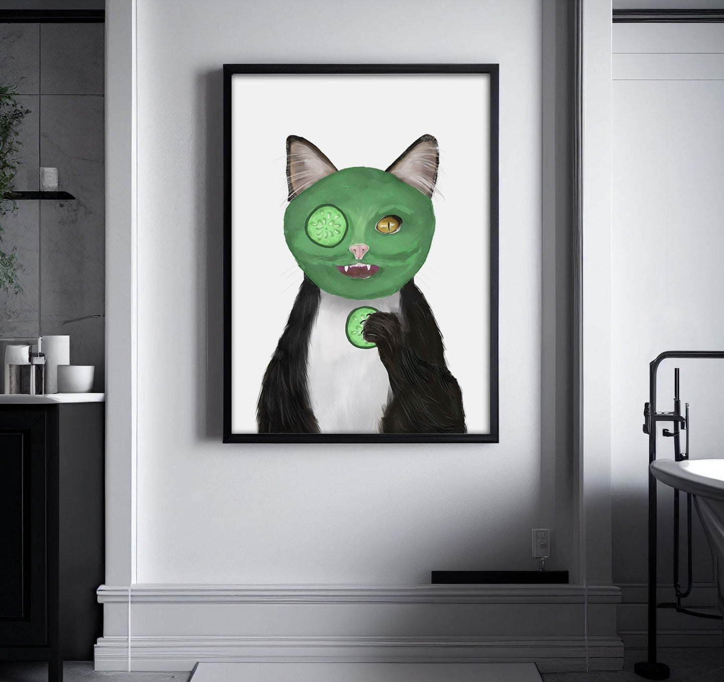 Black and White Cat with Face Mask – Fun Tuxedo Cat Art Print - MerikaArt