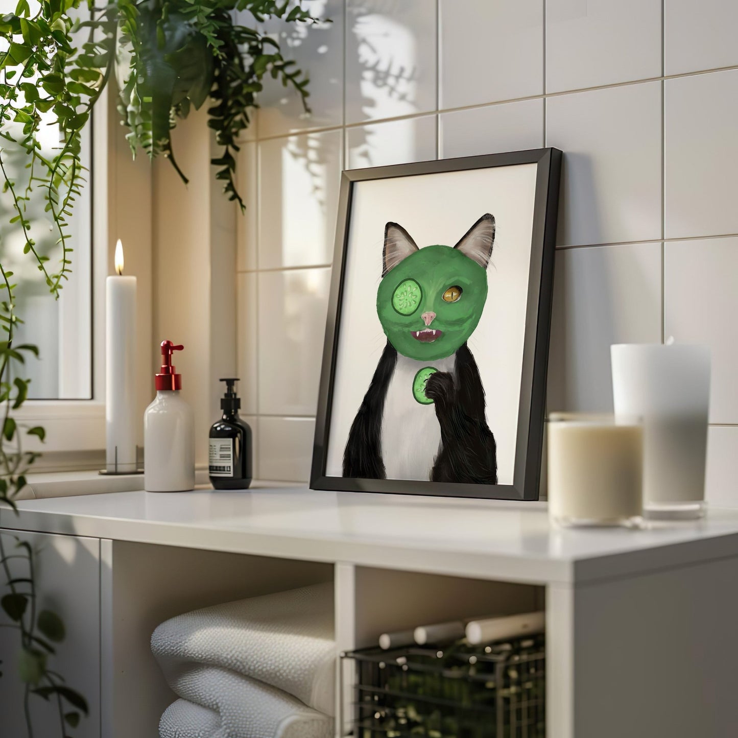 Black and White Cat with Face Mask – Fun Tuxedo Cat Art Print - MerikaArt