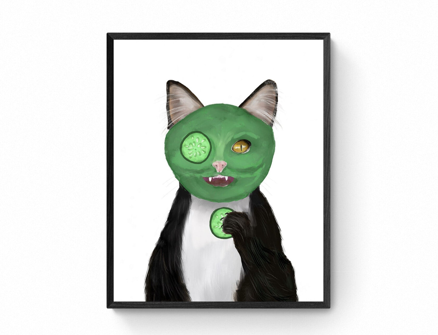 Black and White Cat with Face Mask – Fun Tuxedo Cat Art Print - MerikaArt
