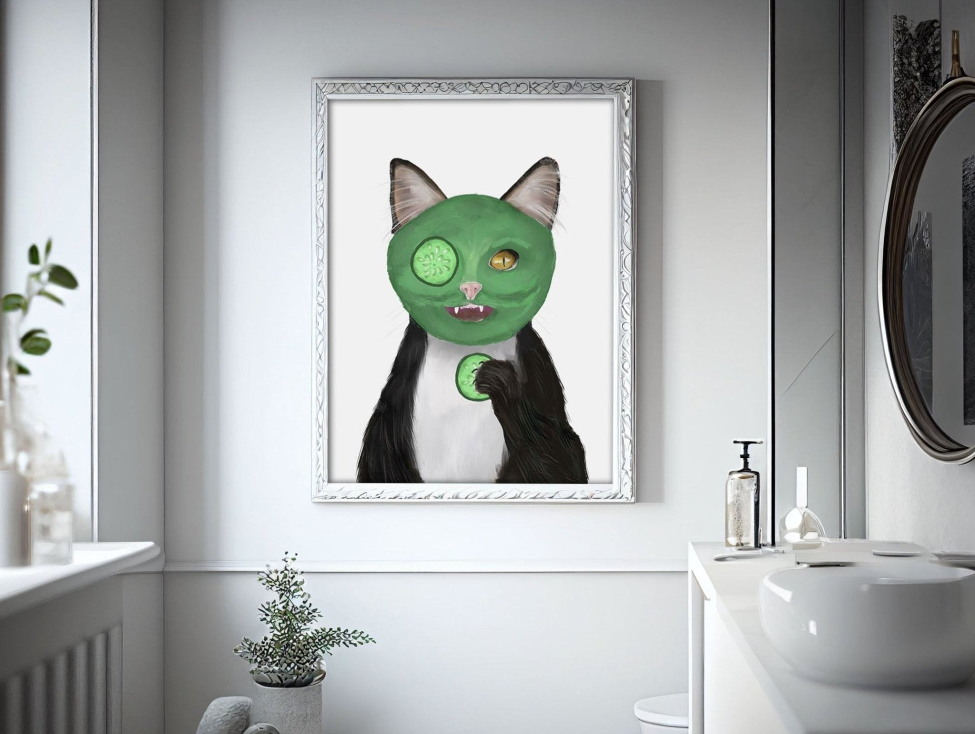 Black and White Cat with Face Mask – Fun Tuxedo Cat Art Print - MerikaArt