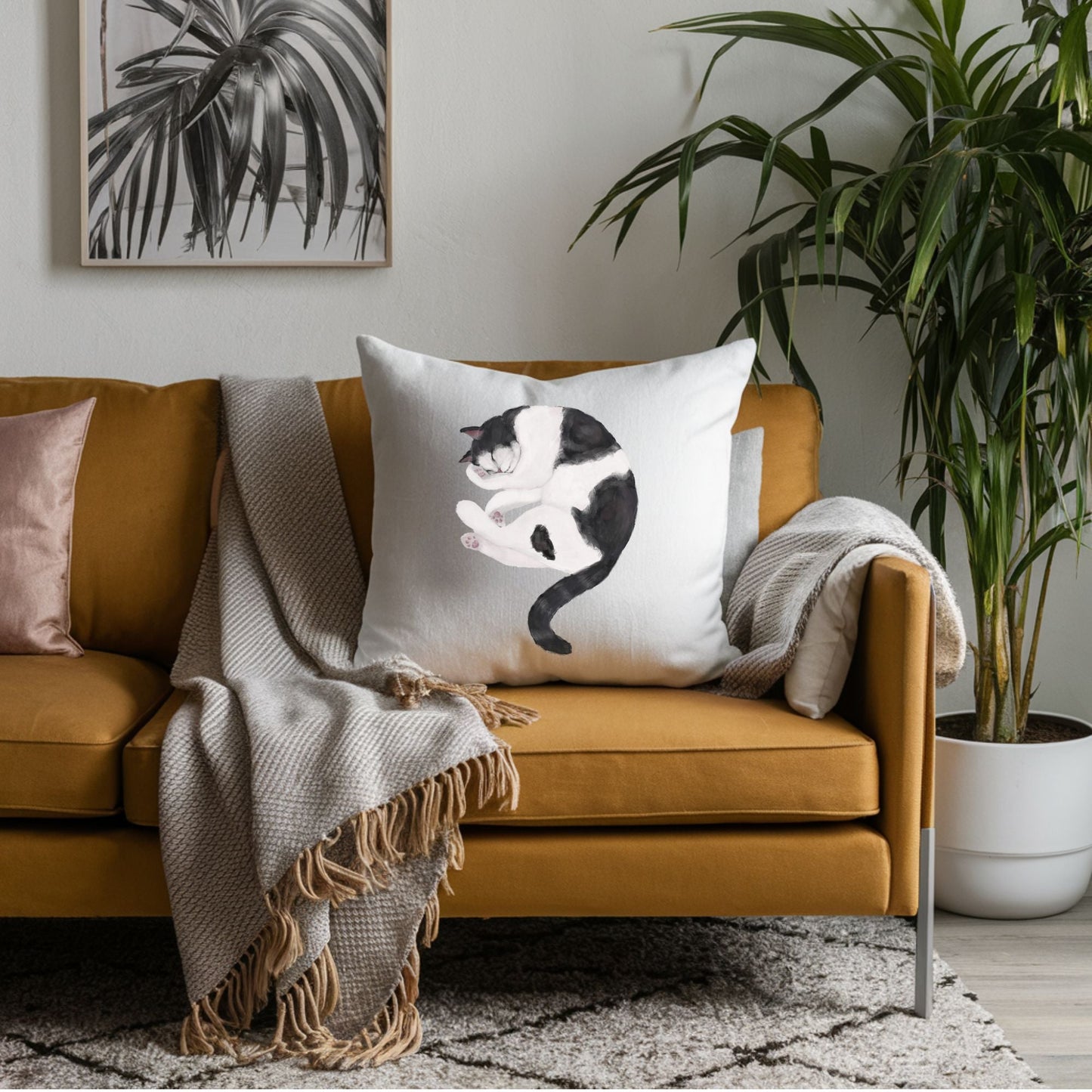 Black and White Sleeping Cat Pillow - MerikaArt