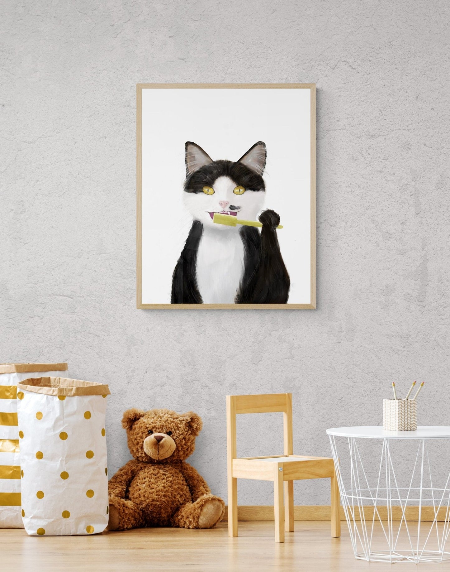 Black And White Tuxedo Cat Brushing Teeth Print - MerikaArt