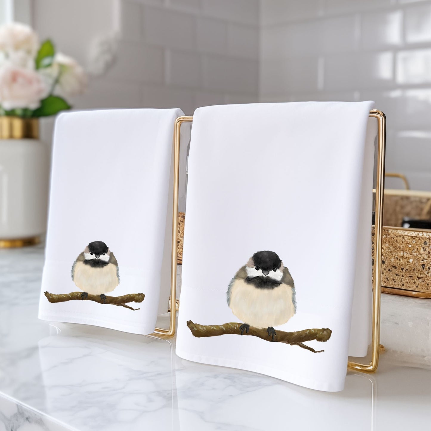 Black - Capped Chickadee Bird Bathroom Towel - MerikaArt