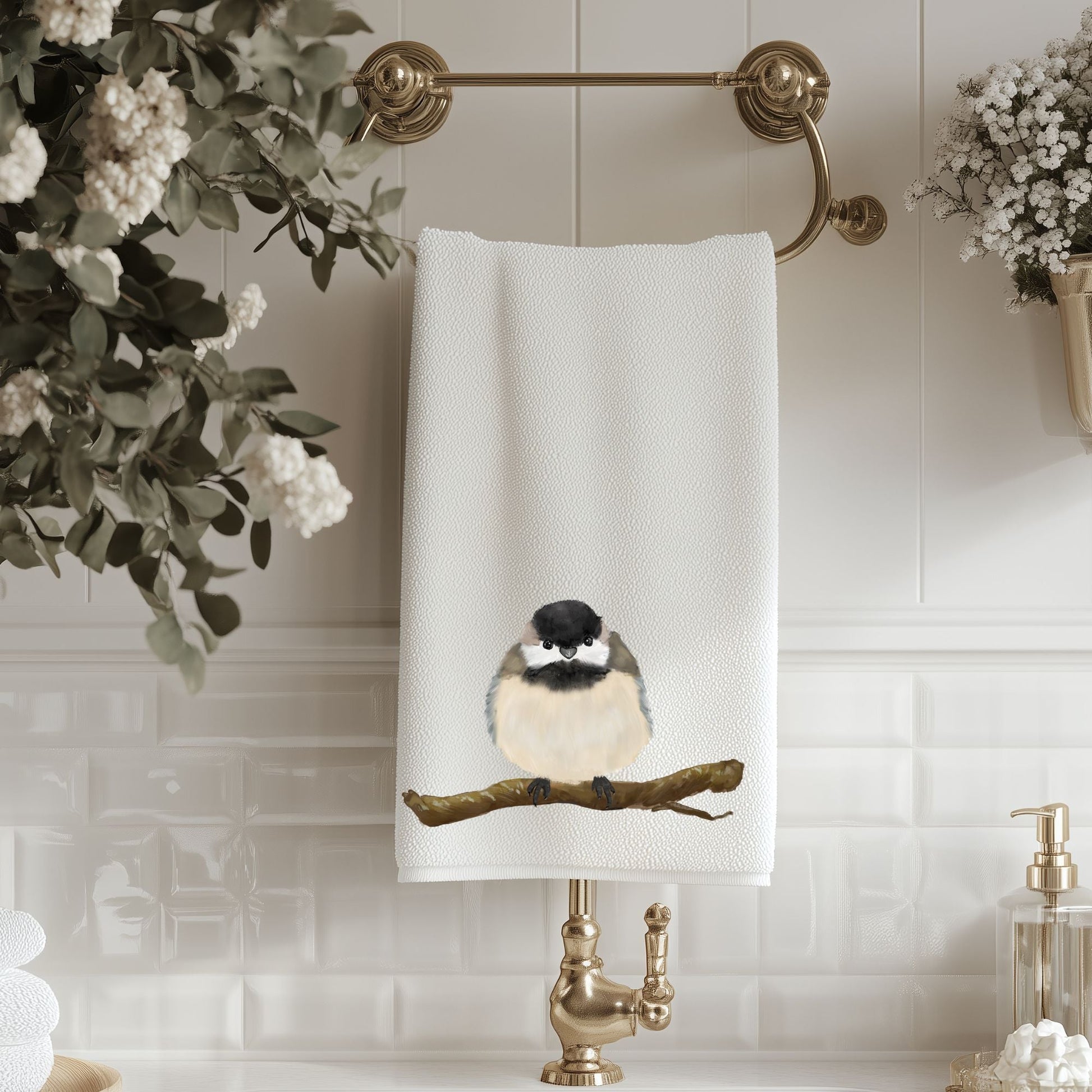 Black - Capped Chickadee Bird Bathroom Towel - MerikaArt