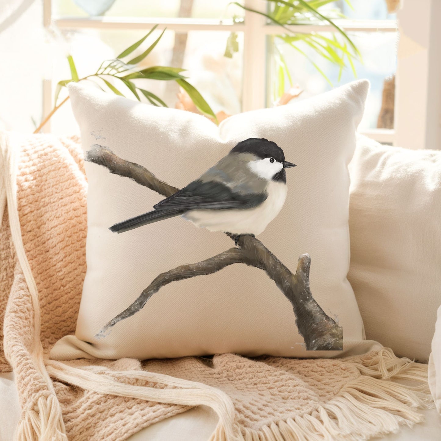 Black - Capped Chickadee Bird Pillow - MerikaArt