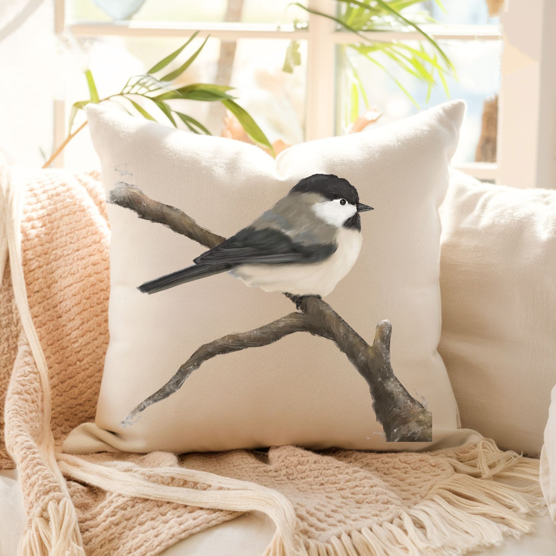 Black - Capped Chickadee Bird Pillow - MerikaArt