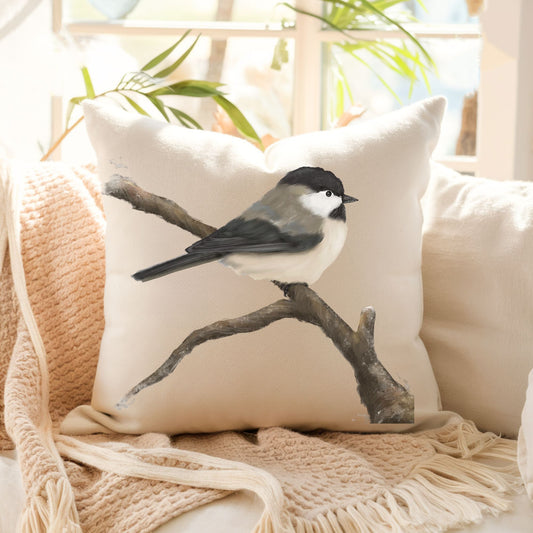 Black - Capped Chickadee Bird Pillow - MerikaArt