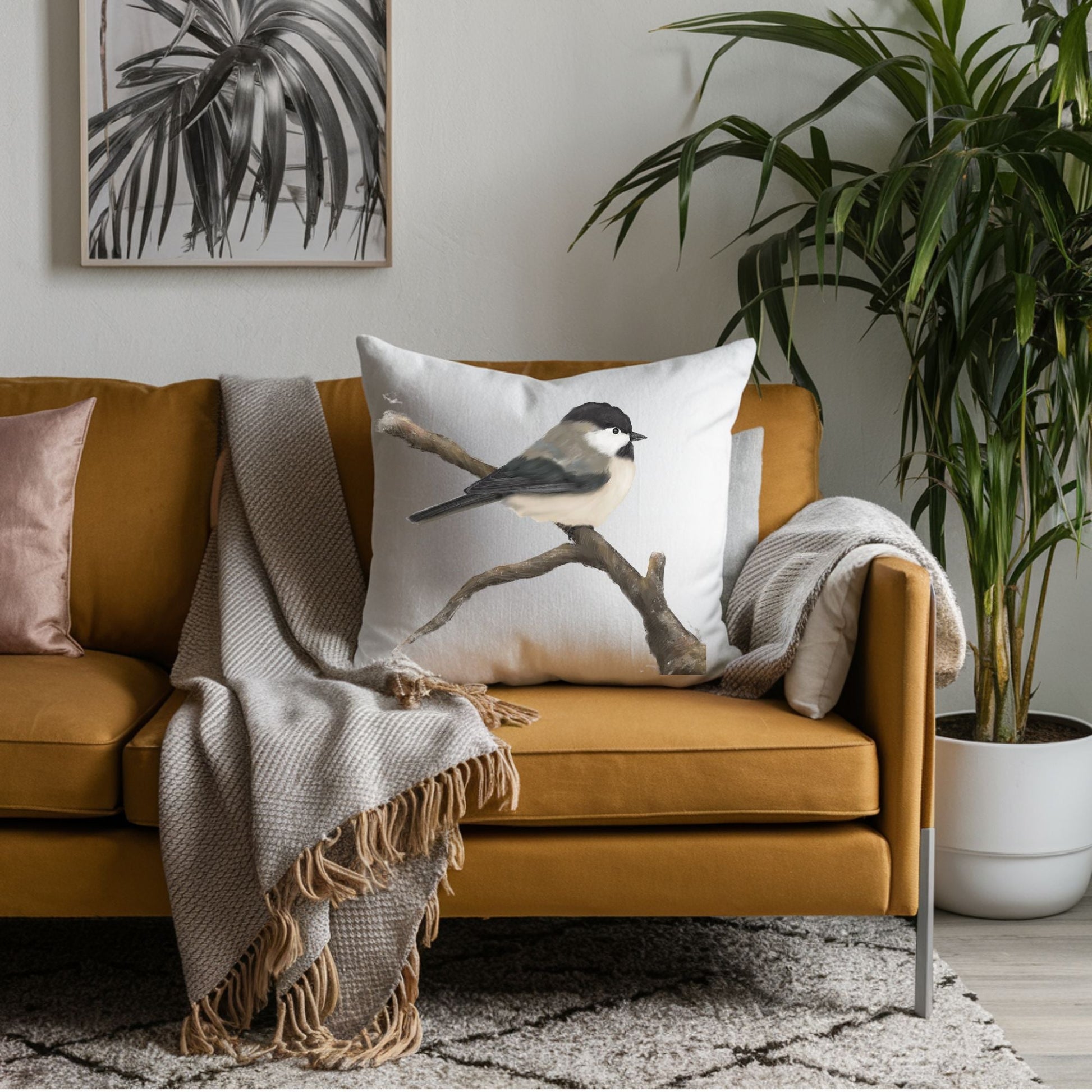 Black - Capped Chickadee Bird Pillow - MerikaArt