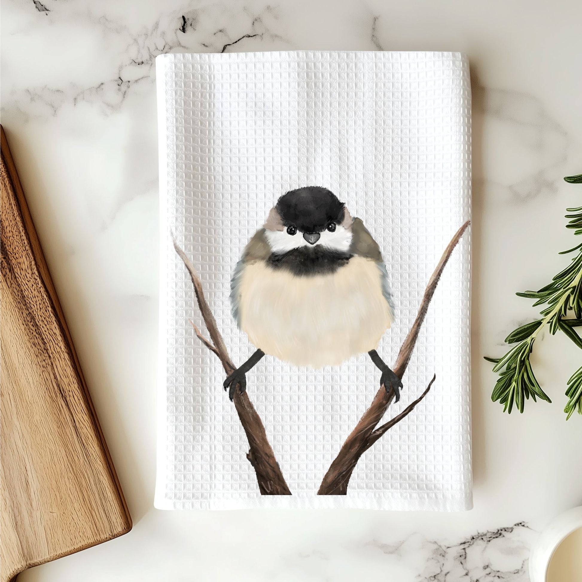 Black - Capped Chickadee Kitchen Towel - MerikaArt