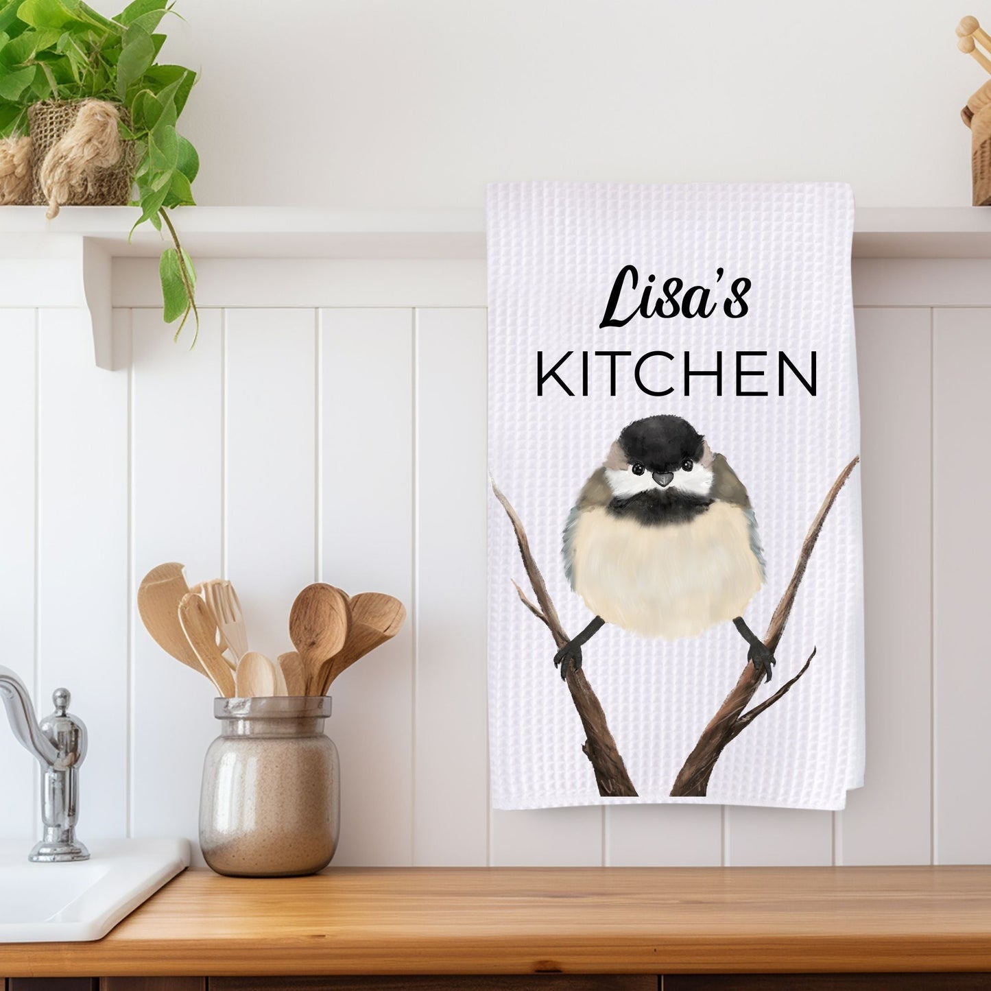 Black - Capped Chickadee Kitchen Towel - MerikaArt