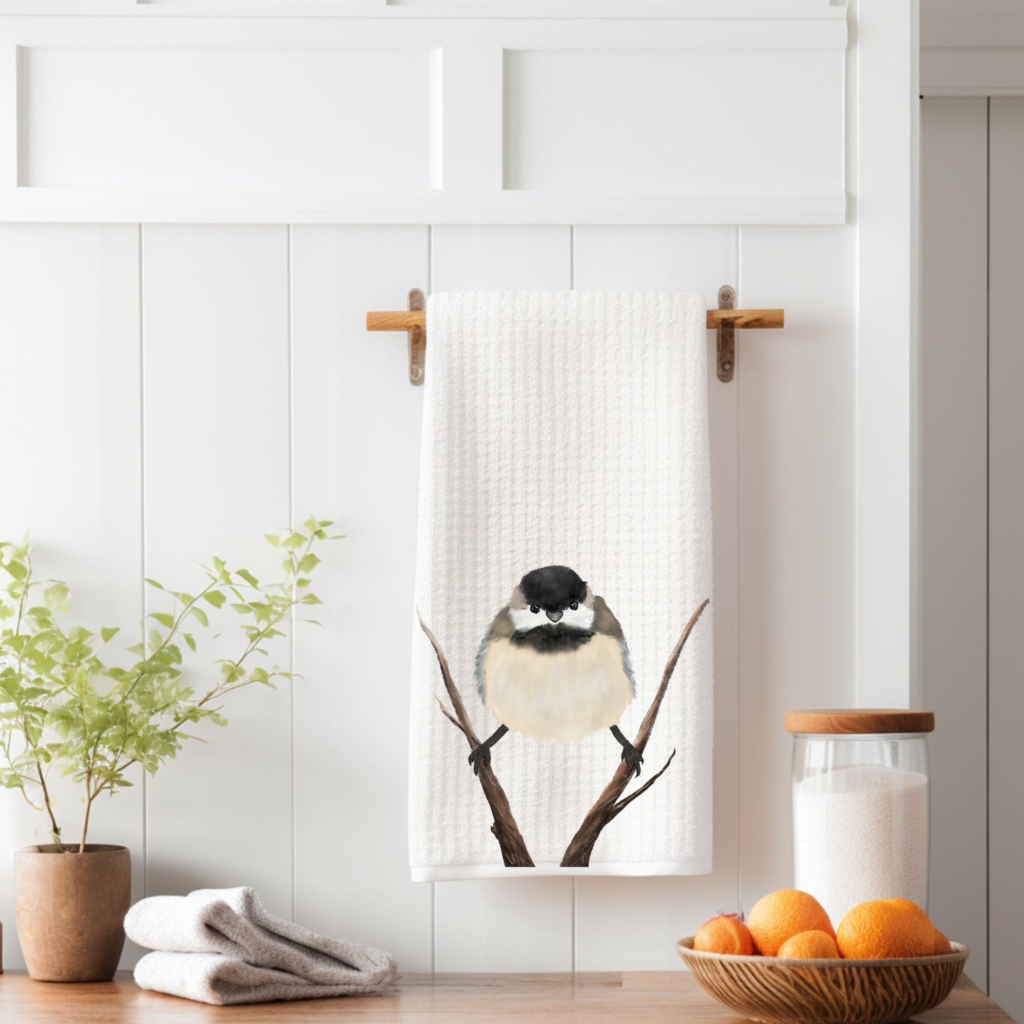 Black - Capped Chickadee Kitchen Towel - MerikaArt