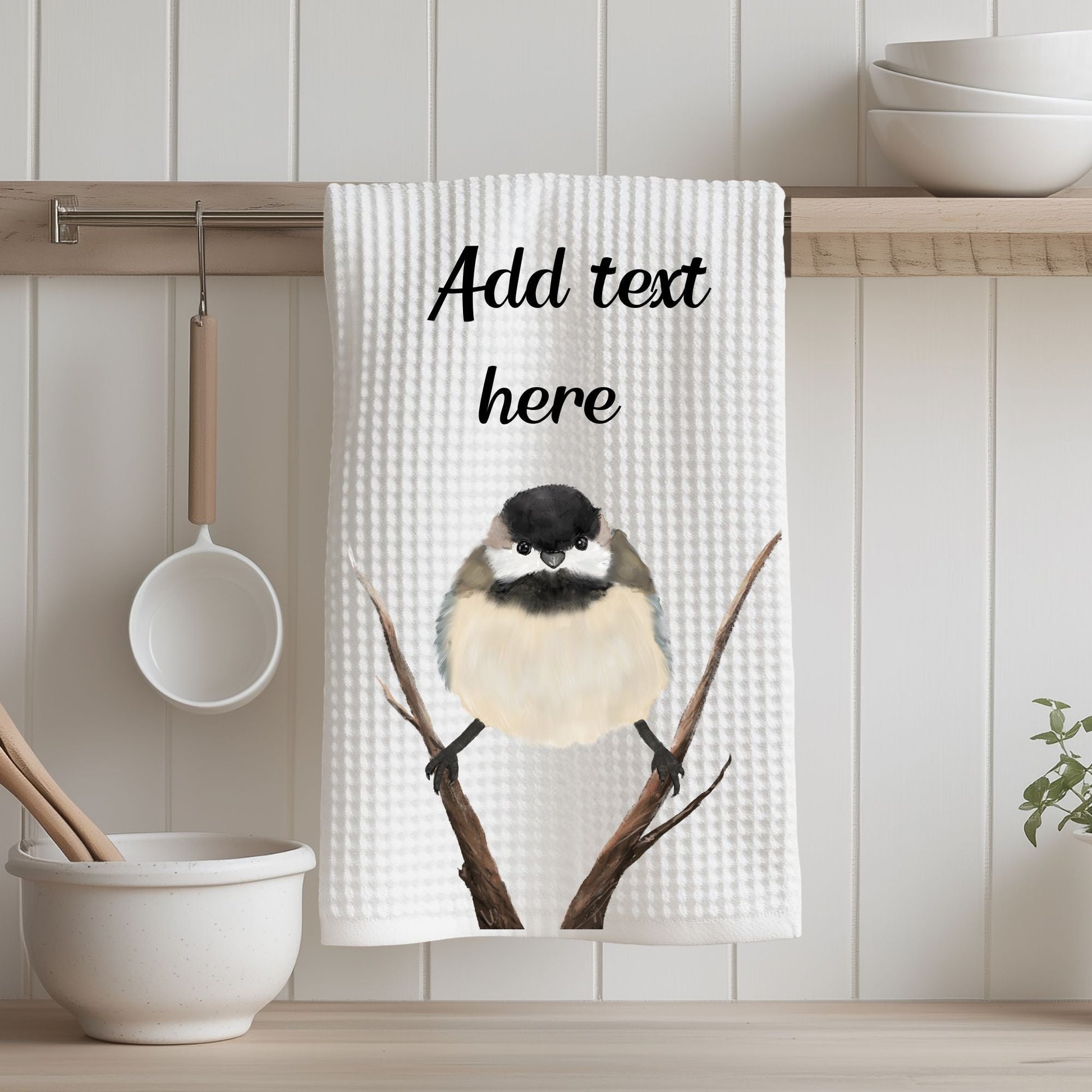 Black - Capped Chickadee Kitchen Towel - MerikaArt