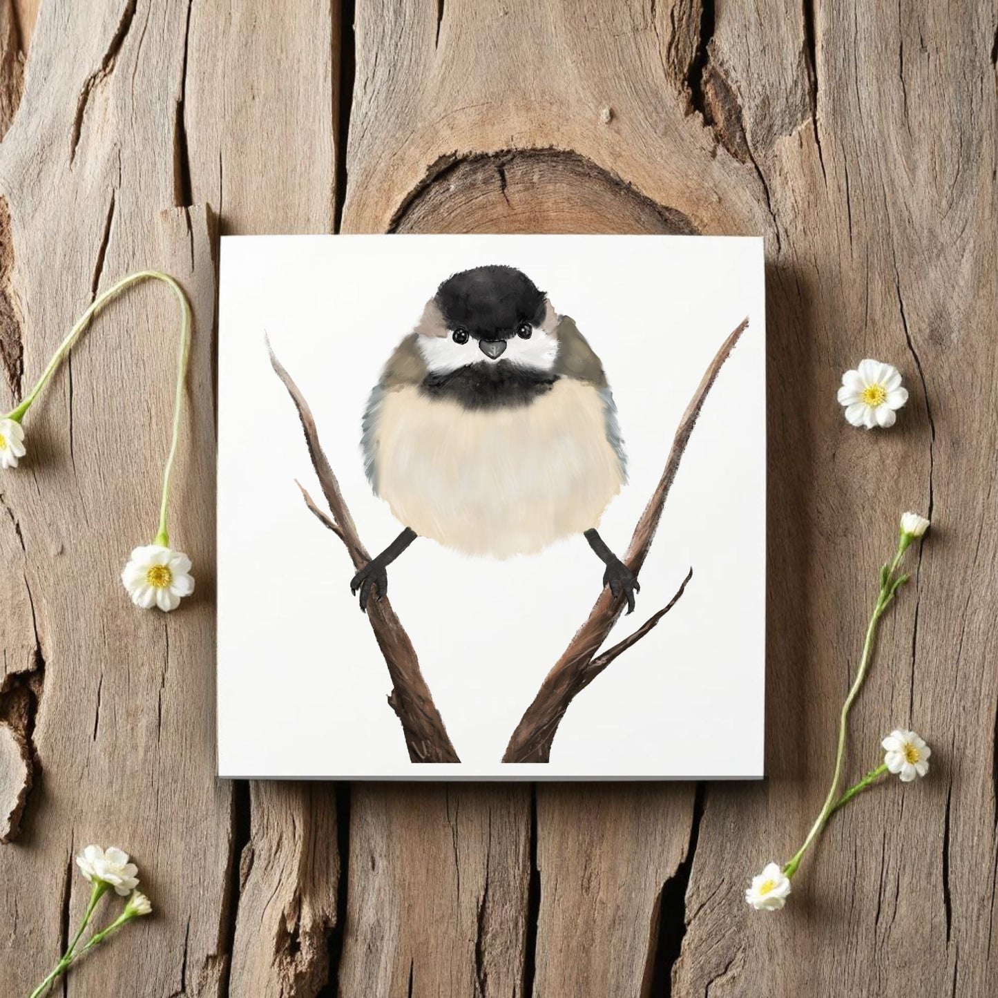 Black - Capped Chickadee on Branch Ceramic Tile - MerikaArt