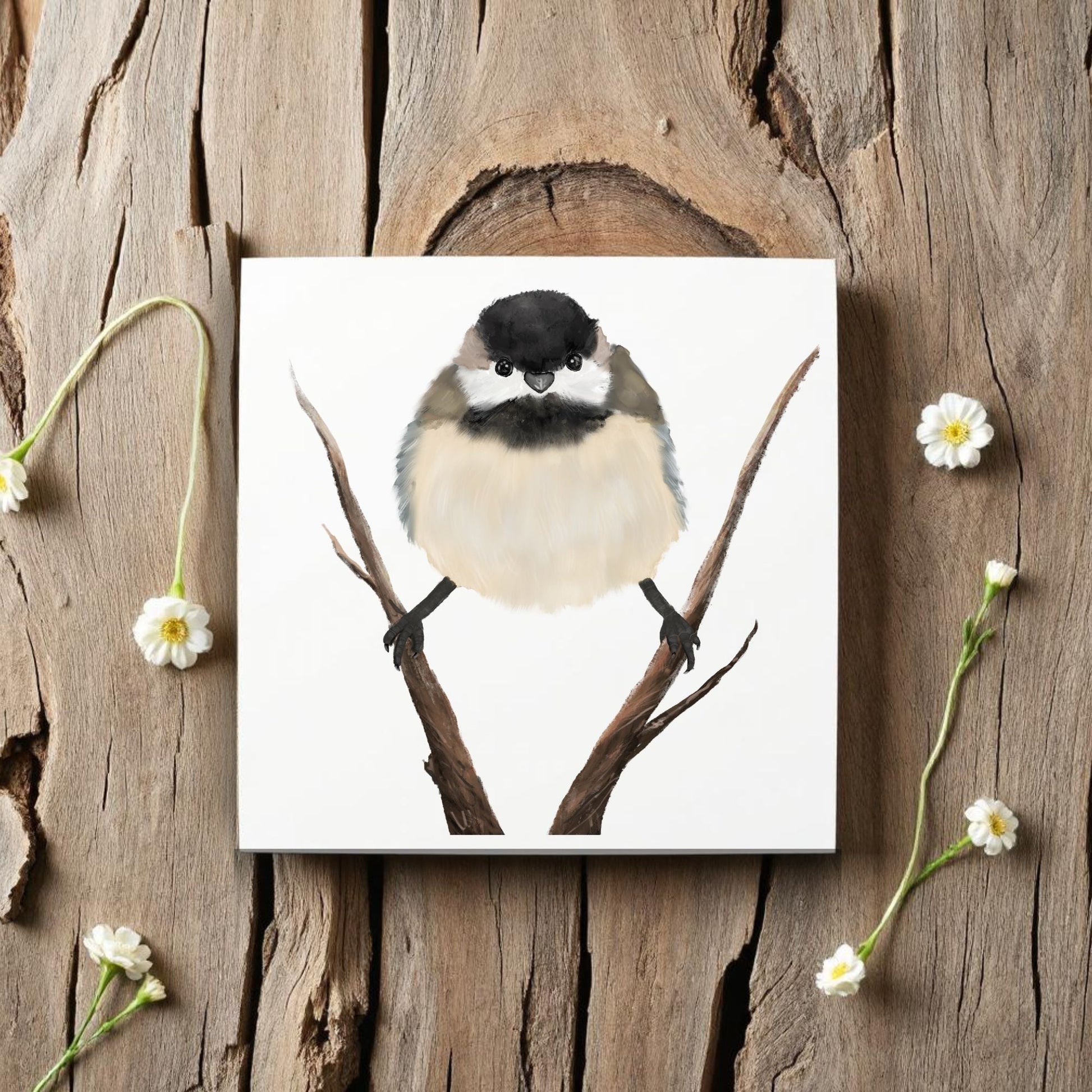 Black - Capped Chickadee on Branch Ceramic Tile - MerikaArt