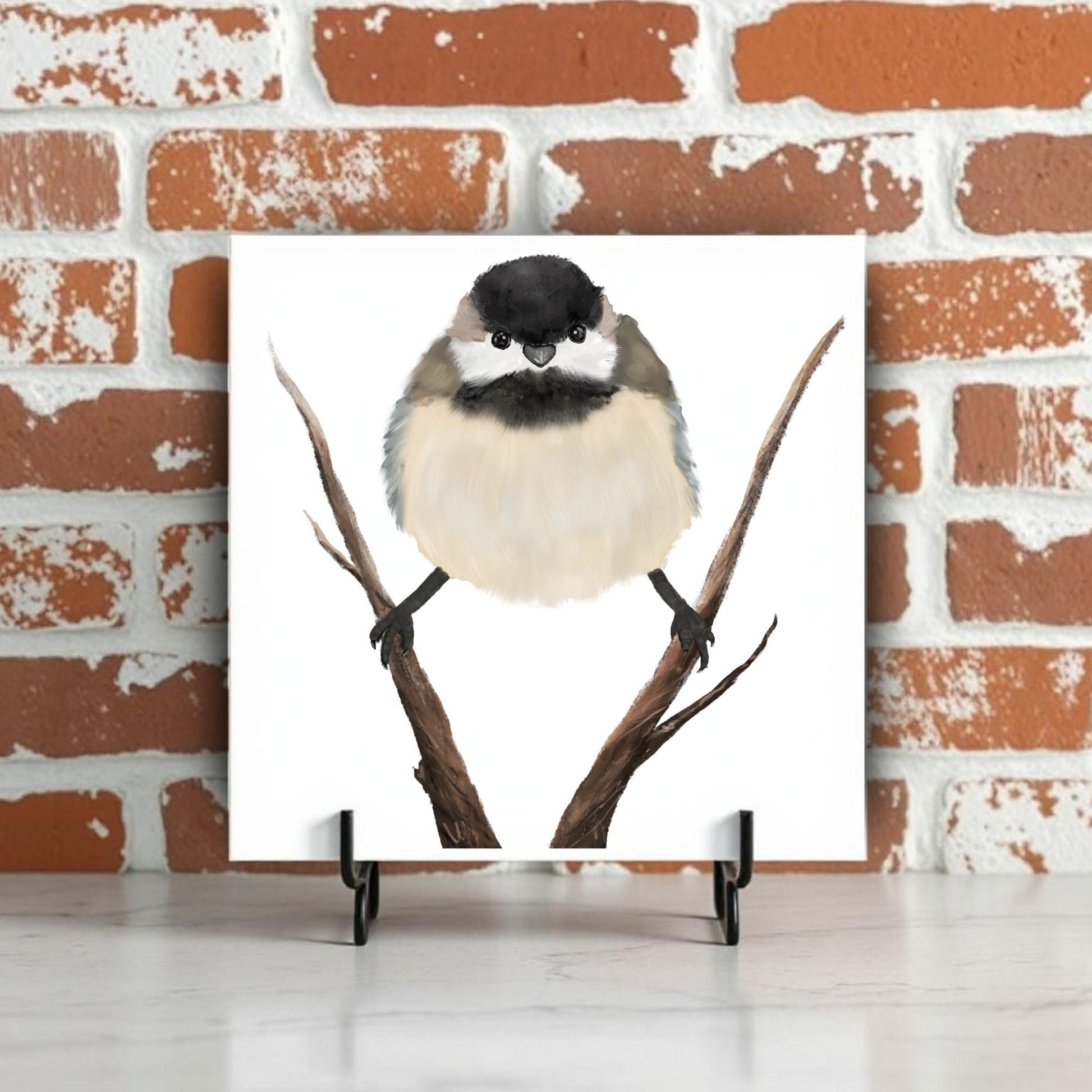 Black - Capped Chickadee on Branch Ceramic Tile - MerikaArt