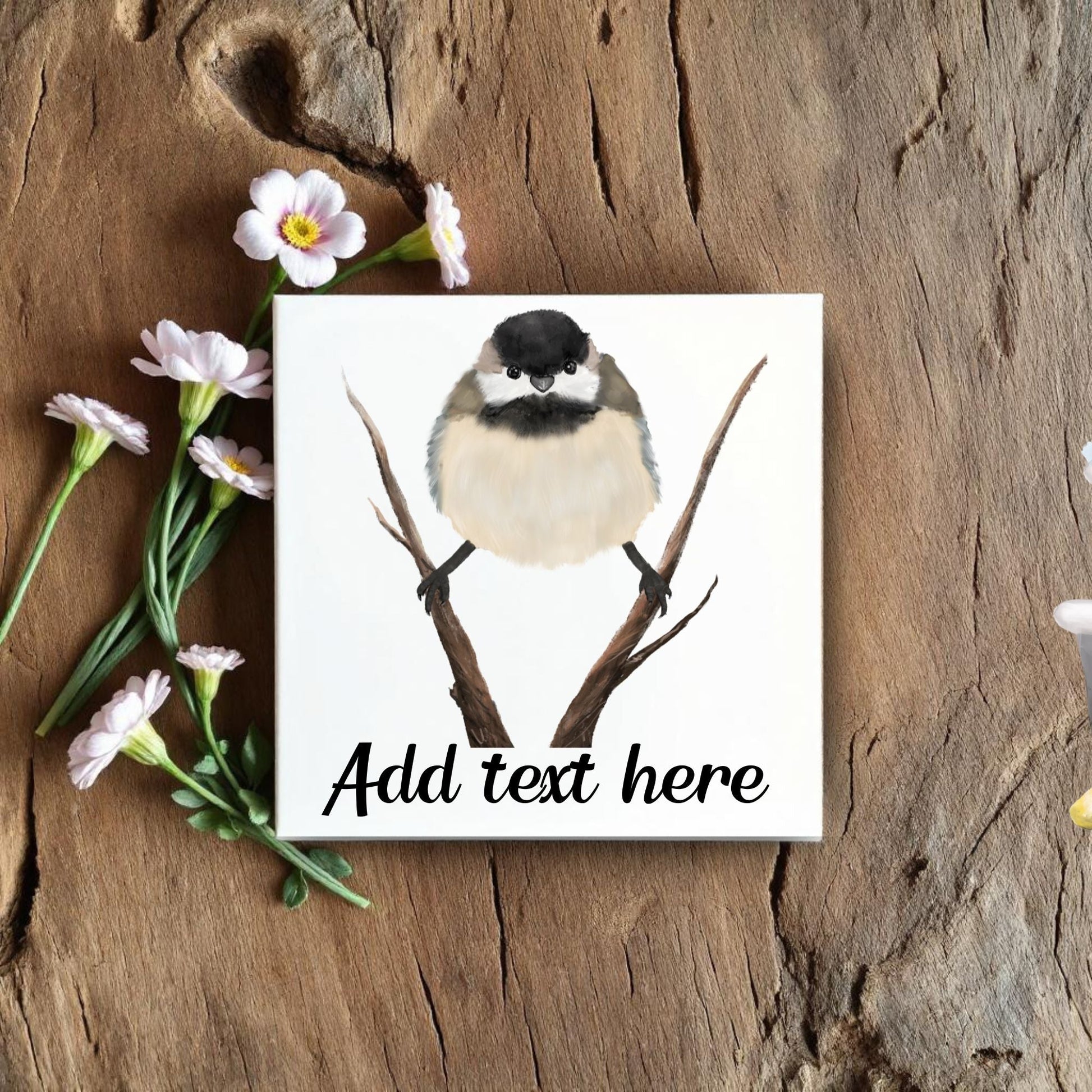 Black - Capped Chickadee on Branch Ceramic Tile - MerikaArt
