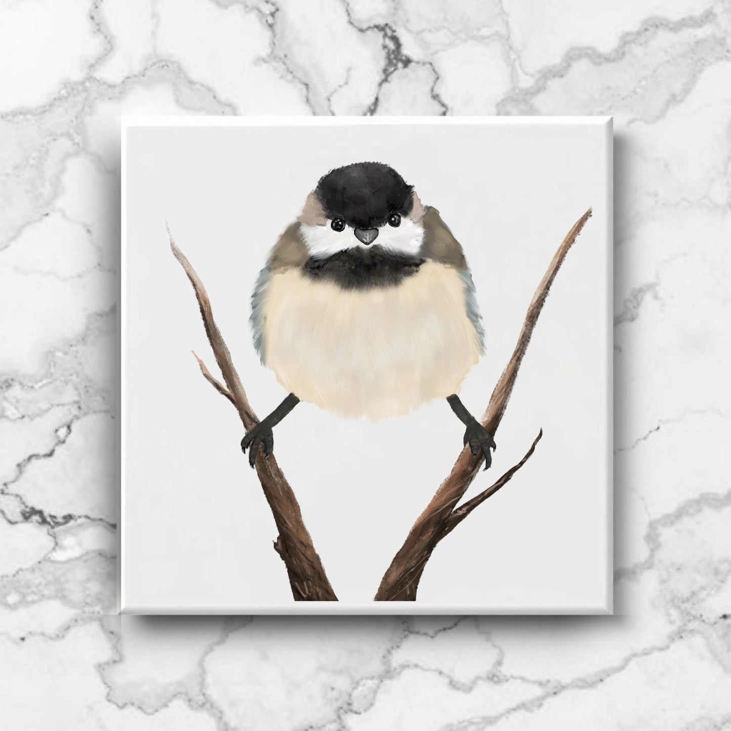 Black - Capped Chickadee on Branch Ceramic Tile - MerikaArt