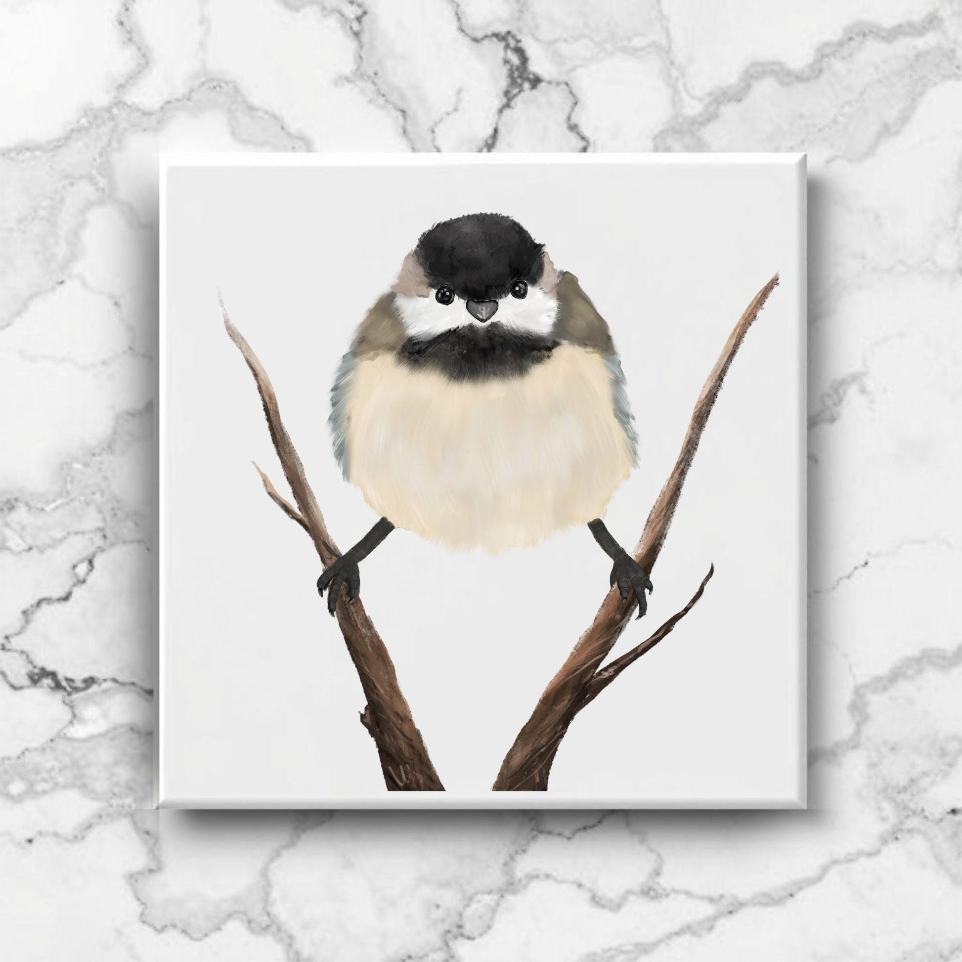 Black - Capped Chickadee on Branch Ceramic Tile - MerikaArt
