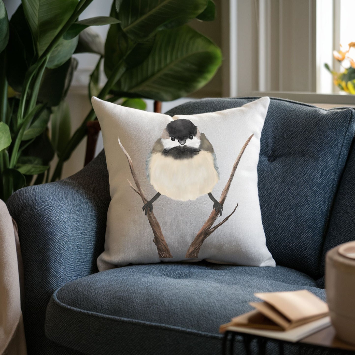 Black - Capped Chickadee Pillow - MerikaArt