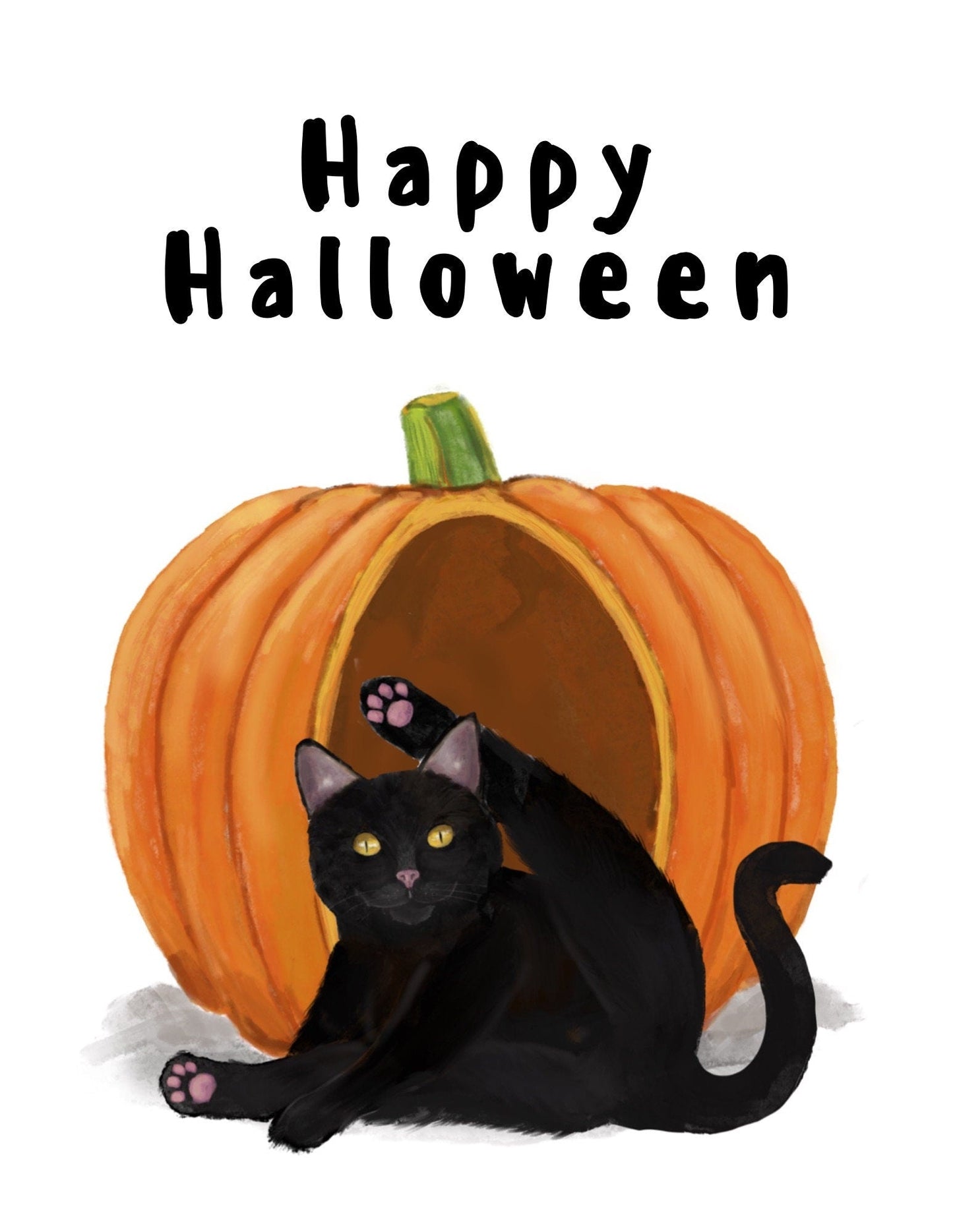 Black Cat and Pumpkin Print, Halloween Cat Painting, Black Cat Portrait, Holiday Wall Art, Black Cat Licking Himself Art - MerikaArt