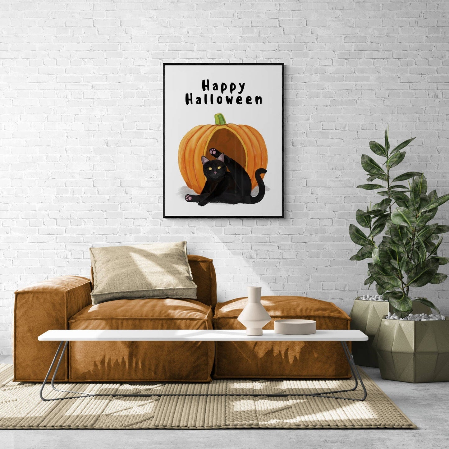 Black Cat and Pumpkin Print, Halloween Cat Painting, Black Cat Portrait, Holiday Wall Art, Black Cat Licking Himself Art - MerikaArt