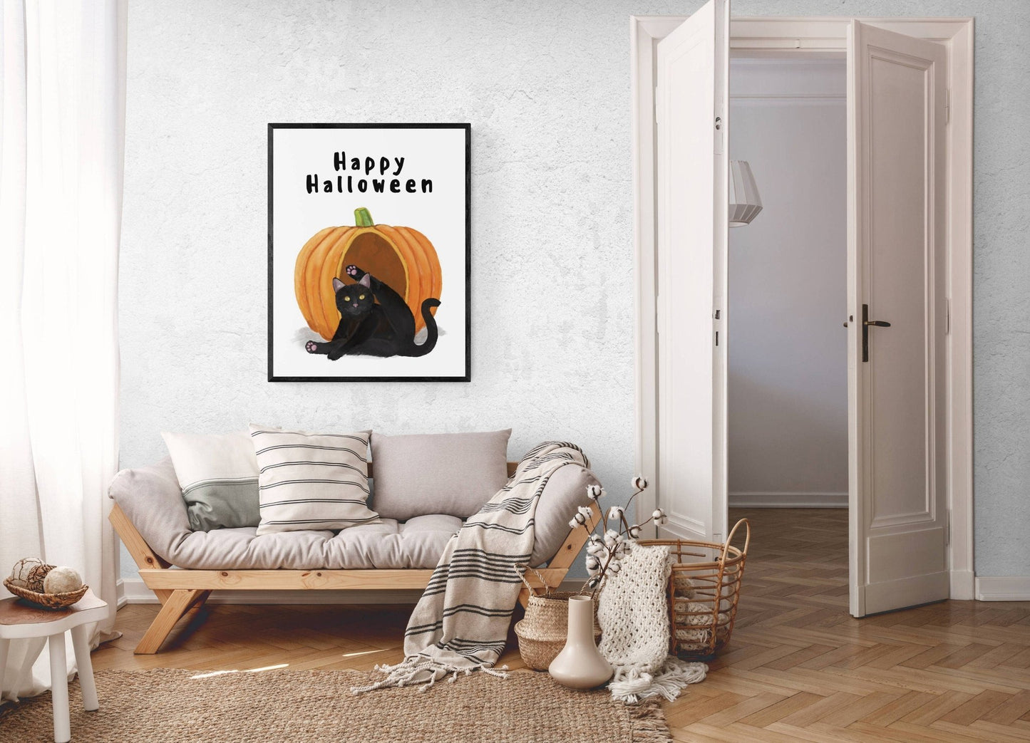 Black Cat and Pumpkin Print, Halloween Cat Painting, Black Cat Portrait, Holiday Wall Art, Black Cat Licking Himself Art - MerikaArt
