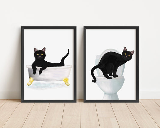 Black Cat Bathroom Art Print - Set of 2 - MerikaArt