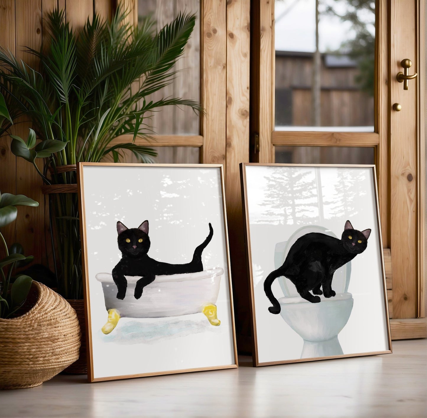 Black Cat Bathroom Art Print - Set of 2 - MerikaArt