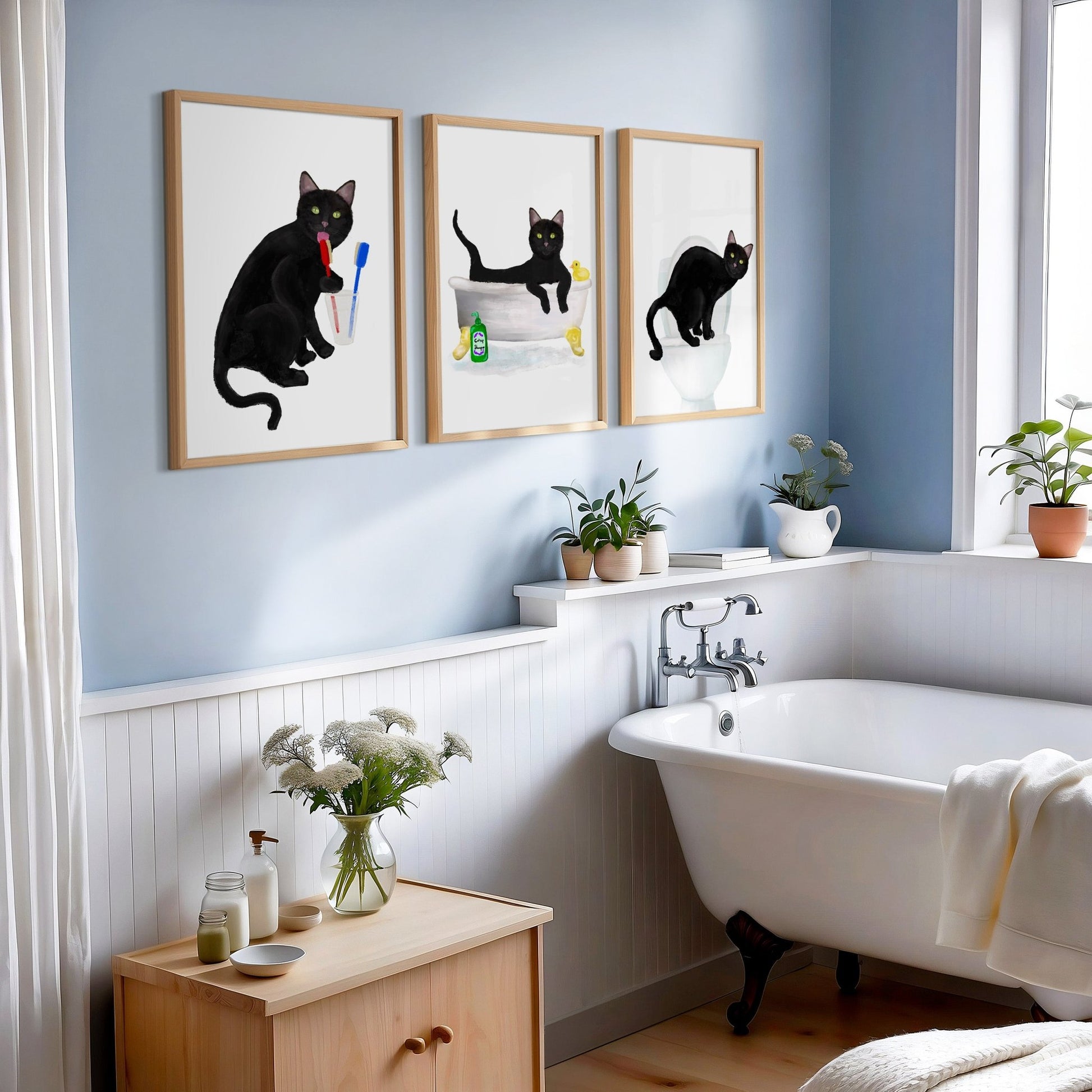 Black Cat Bathroom Art Print Set of 3 – Fun and Whimsical Decor - MerikaArt