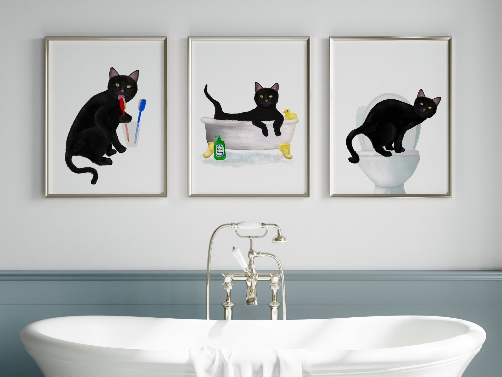 Black Cat Bathroom Art Print Set of 3 – Fun and Whimsical Decor - MerikaArt