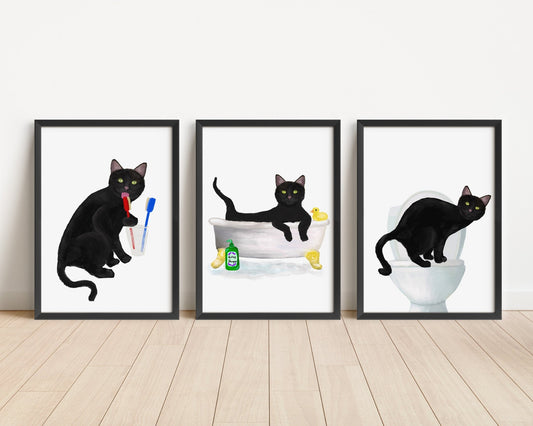 Black Cat Bathroom Art Print Set of 3 – Fun and Whimsical Decor - MerikaArt