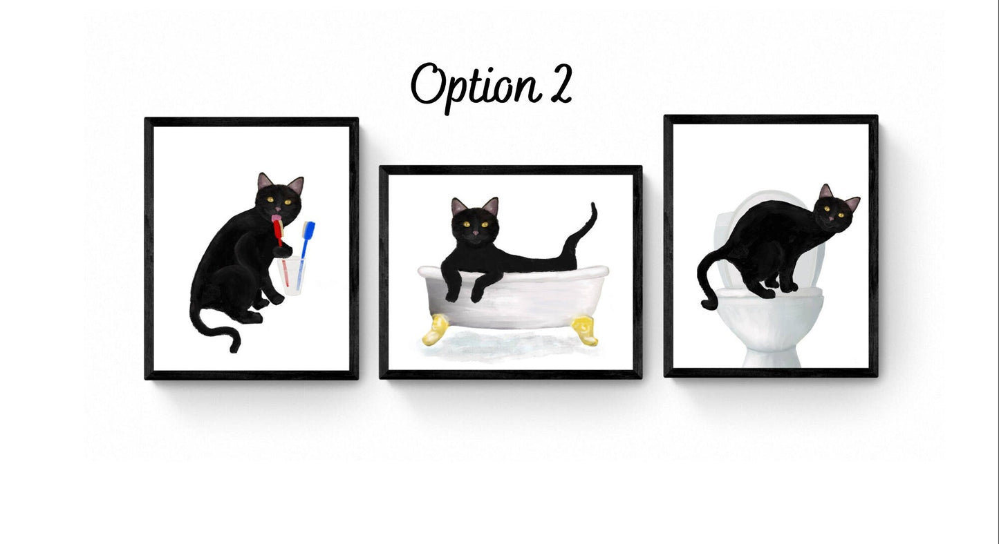 Black Cat Bathroom Wall Art Set of 3, Bathroom Wall Decor Set, Cute Black Cat In Bath Art, Cat On Toilet Print, Cat Lover Gift, Cat Spa Day - MerikaArt