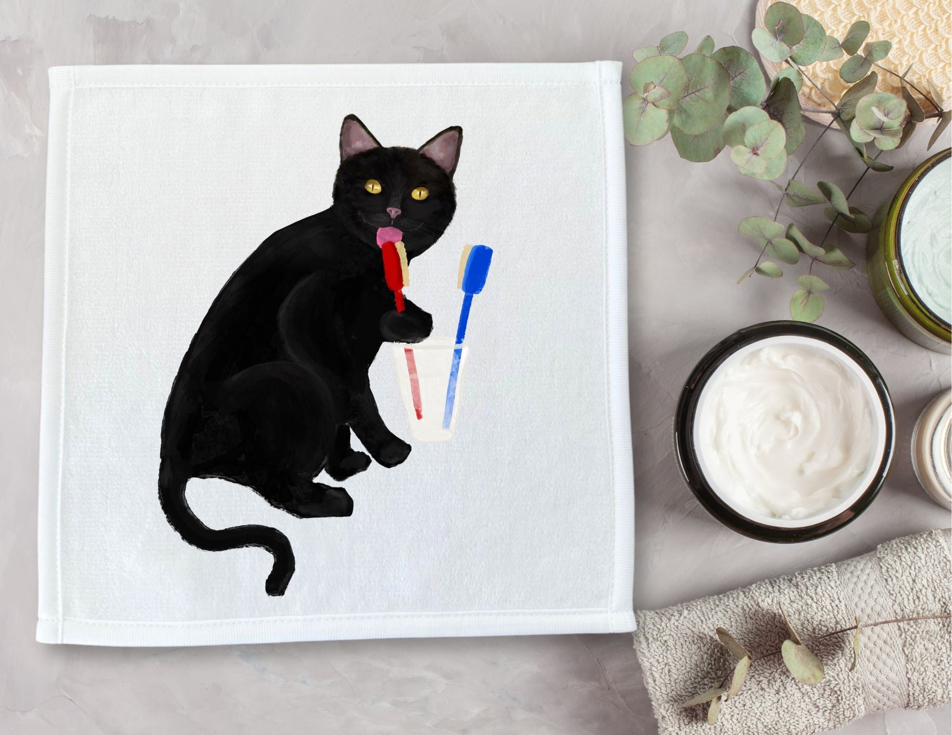 Black Cat Brushing Teeth Washcloth - MerikaArt