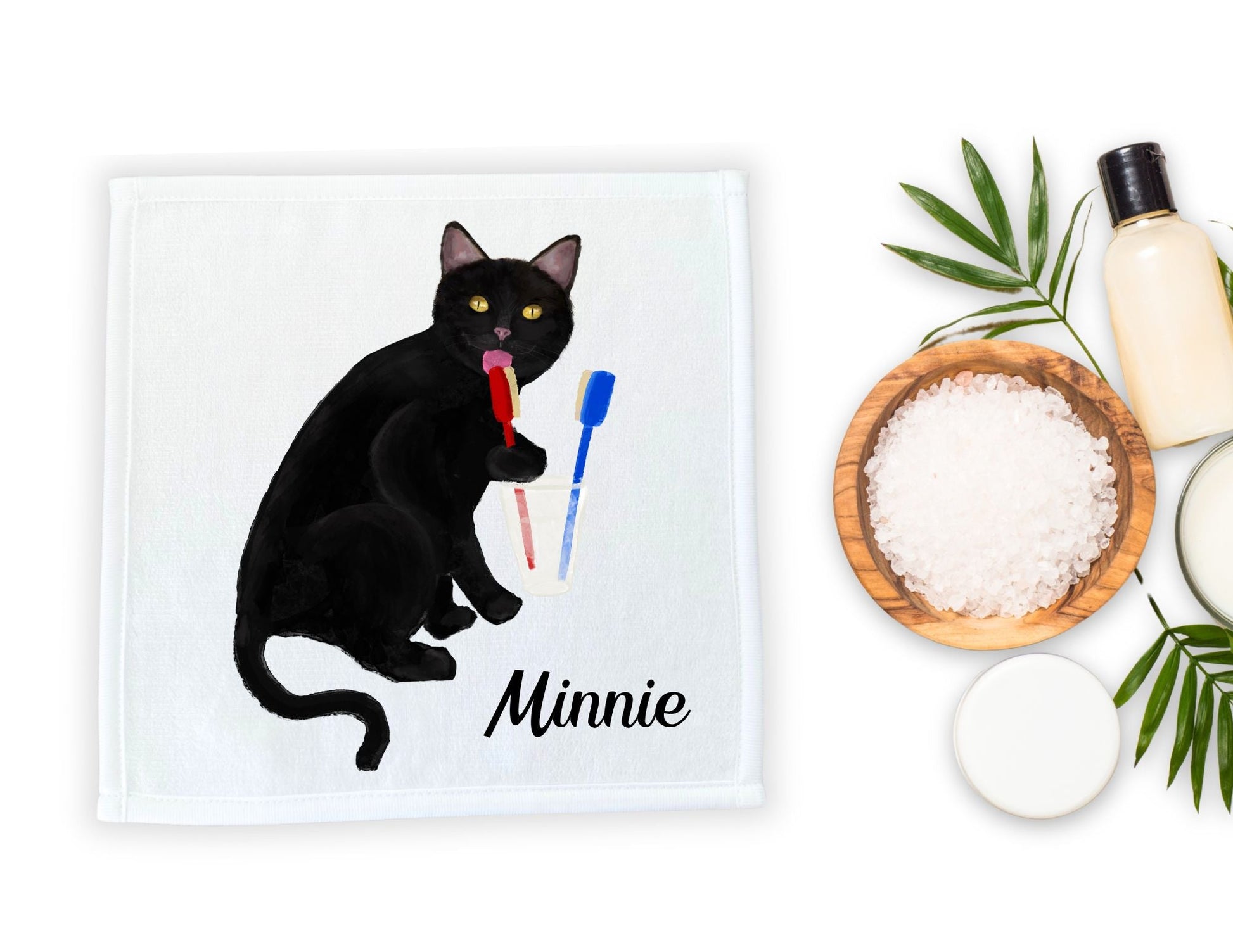 Black Cat Brushing Teeth Washcloth - MerikaArt