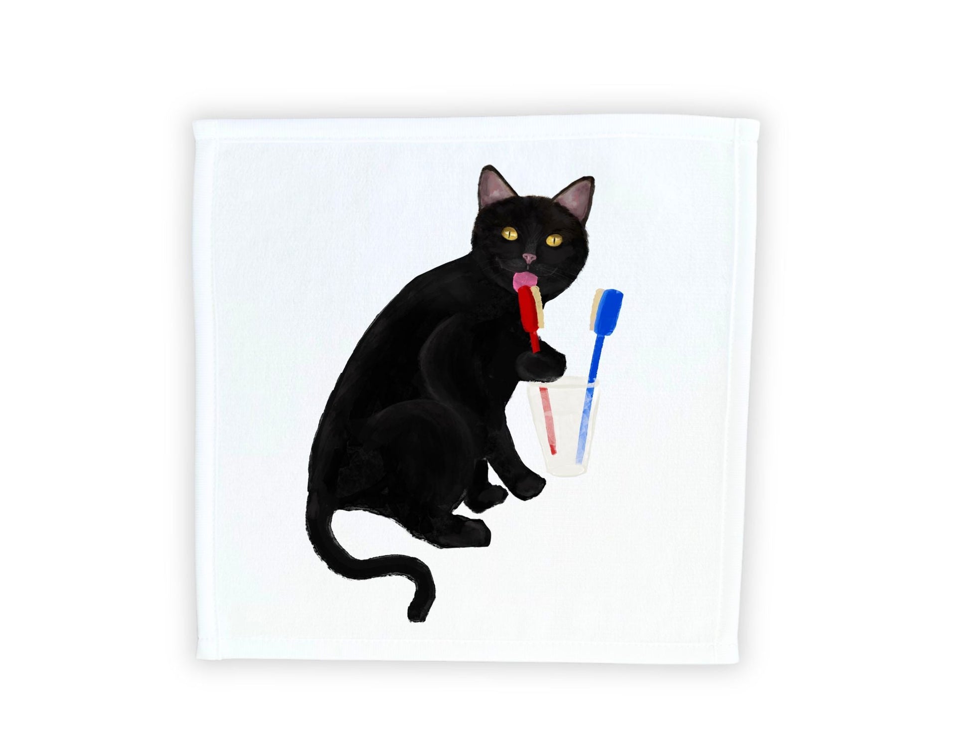 Black Cat Brushing Teeth Washcloth - MerikaArt