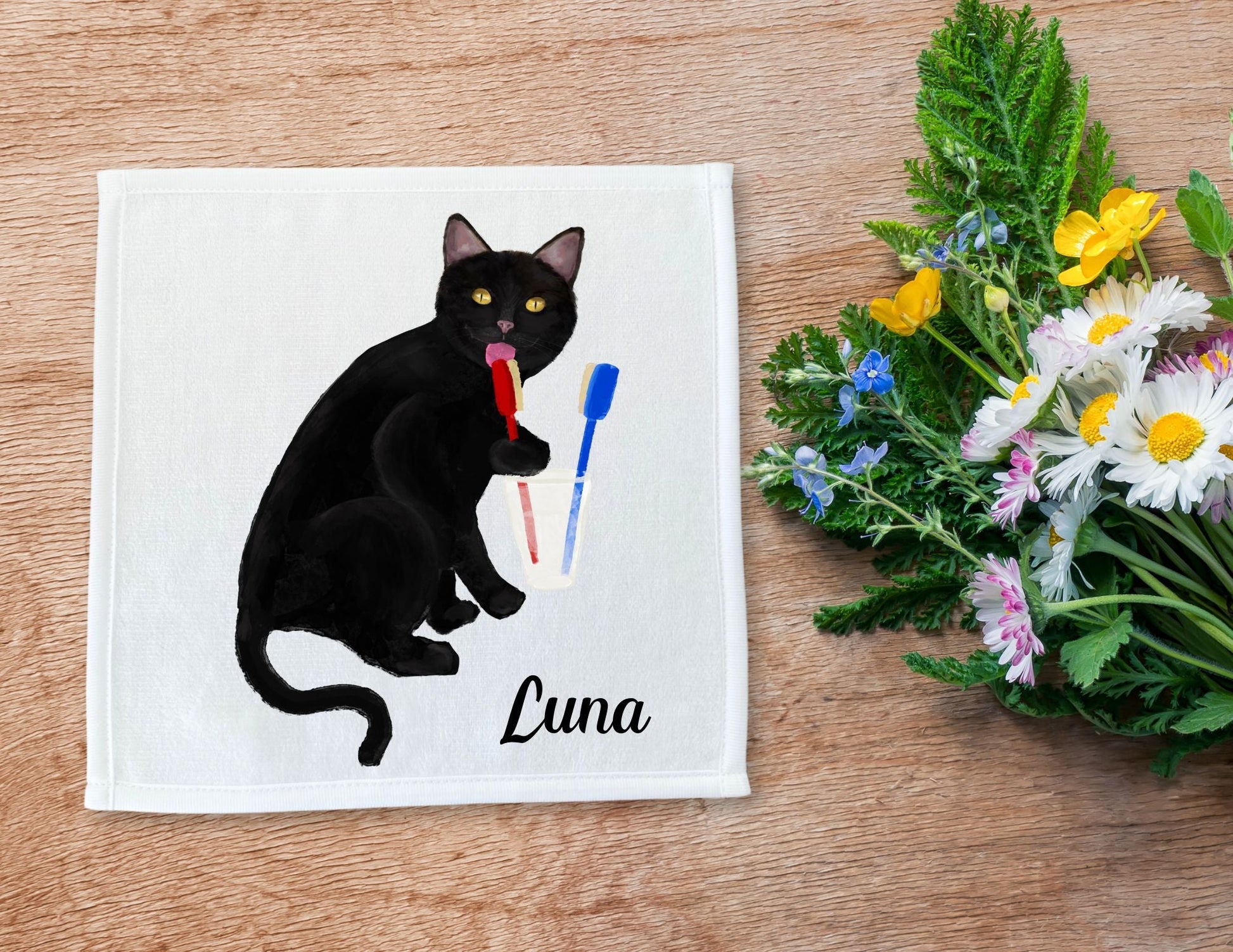 Black Cat Brushing Teeth Washcloth - MerikaArt