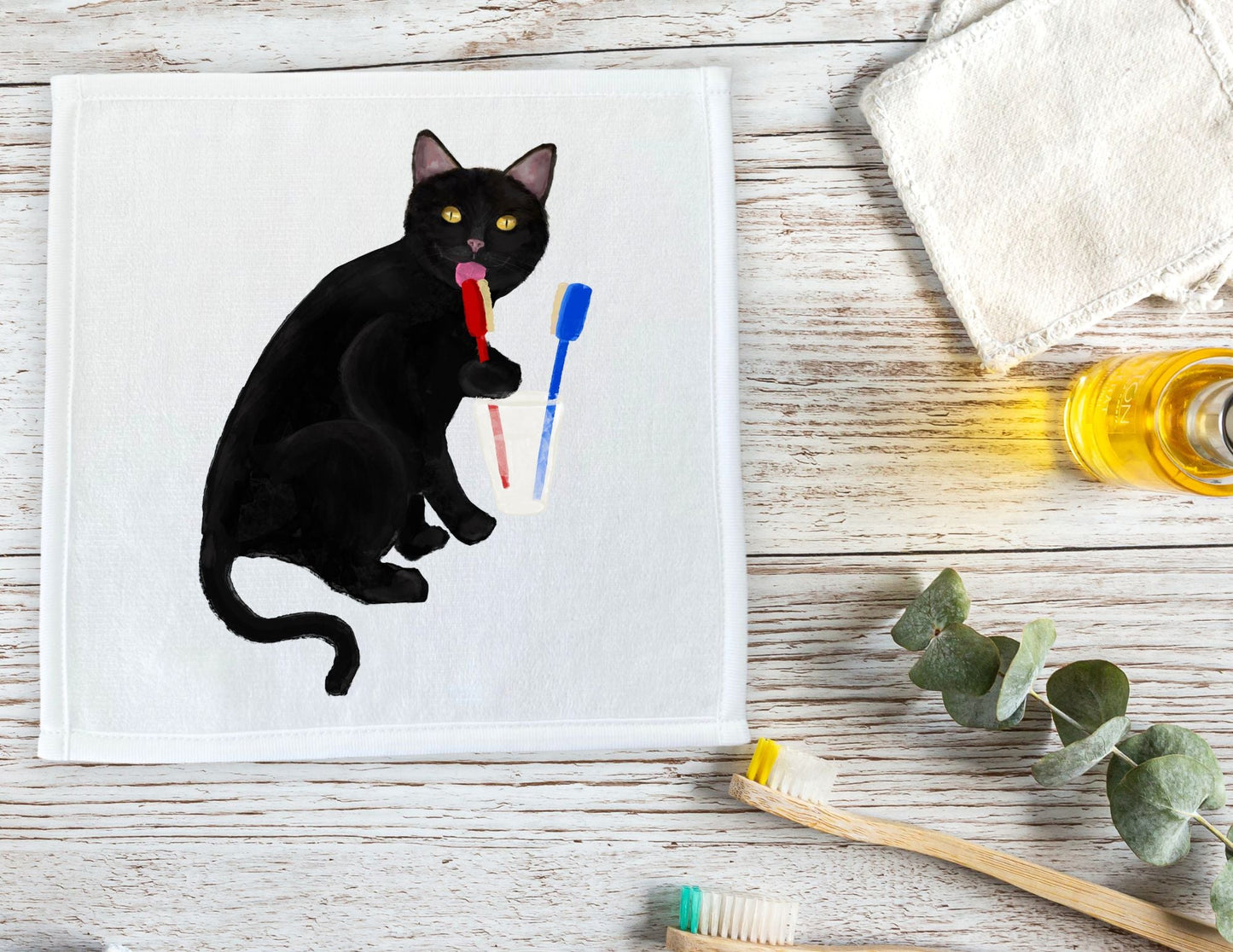 Black Cat Brushing Teeth Washcloth - MerikaArt