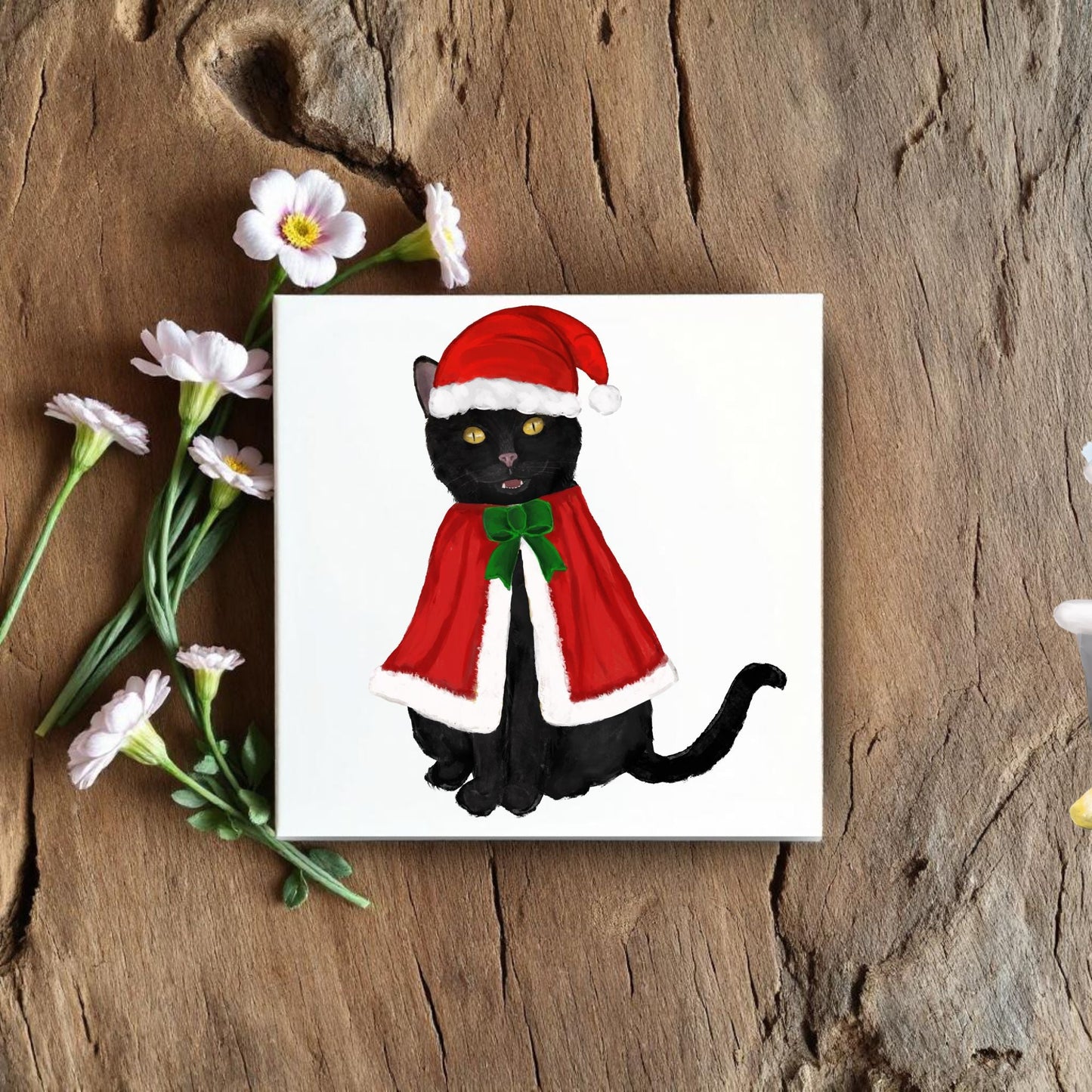 Black Cat Christmas Ceramic Tile - MerikaArt