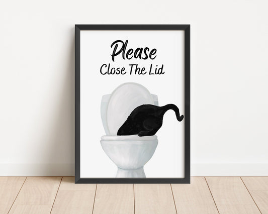 Black Cat Drinking from Toilet Art Poster – "Please Close The Lid" Fun Bathroom Art Print - MerikaArt