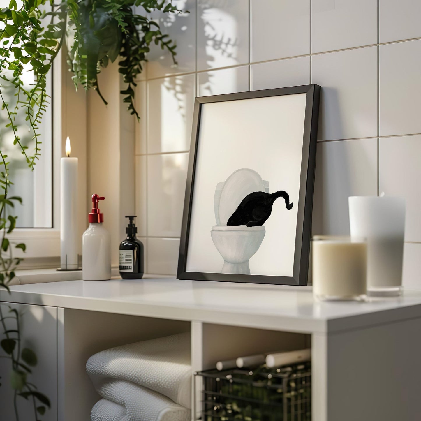 Black Cat Drinking Water From Toilet Print – Fun Cat Art Print for Animal Lovers - MerikaArt