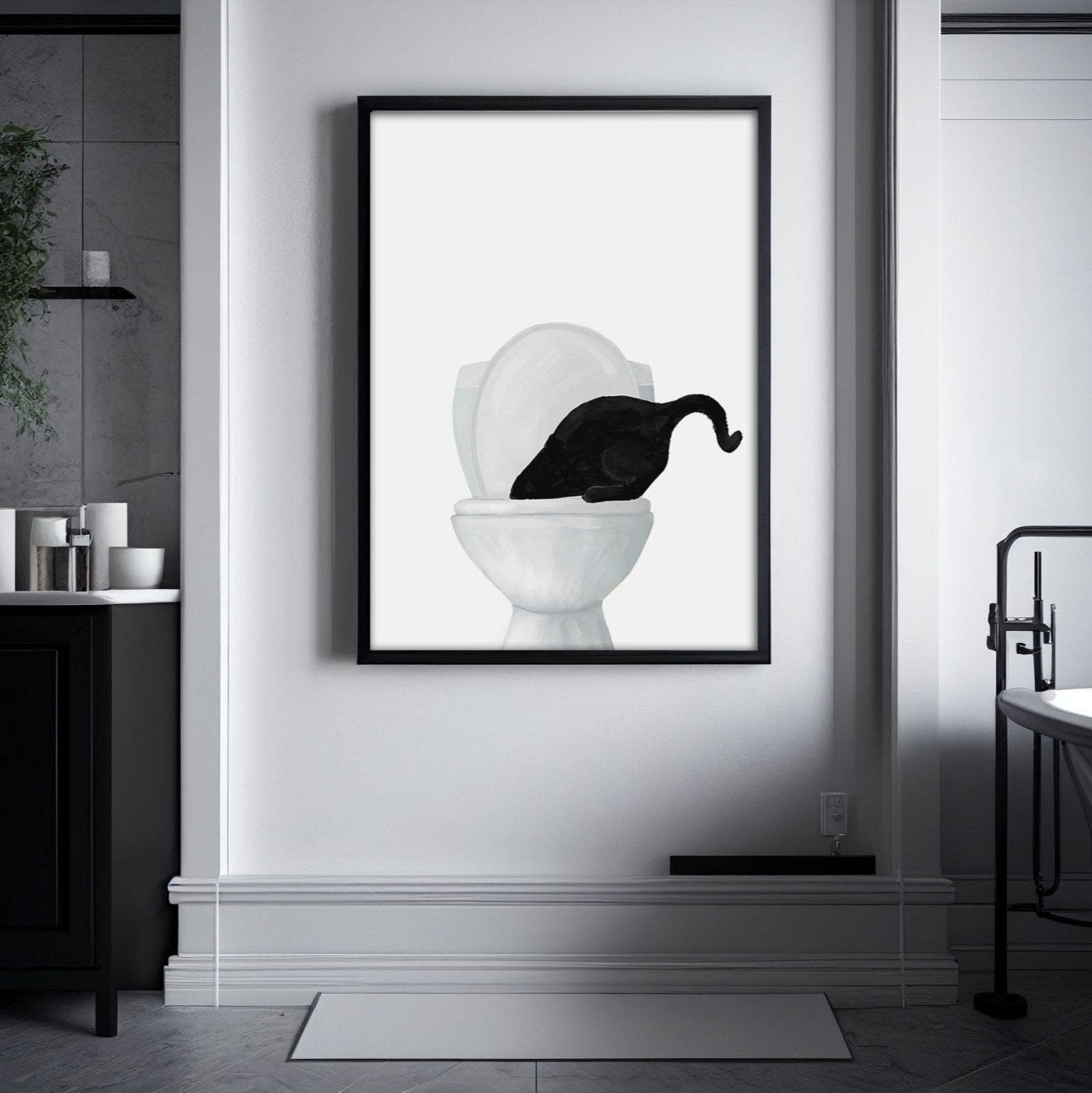 Black Cat Drinking Water From Toilet Print – Fun Cat Art Print for Animal Lovers - MerikaArt