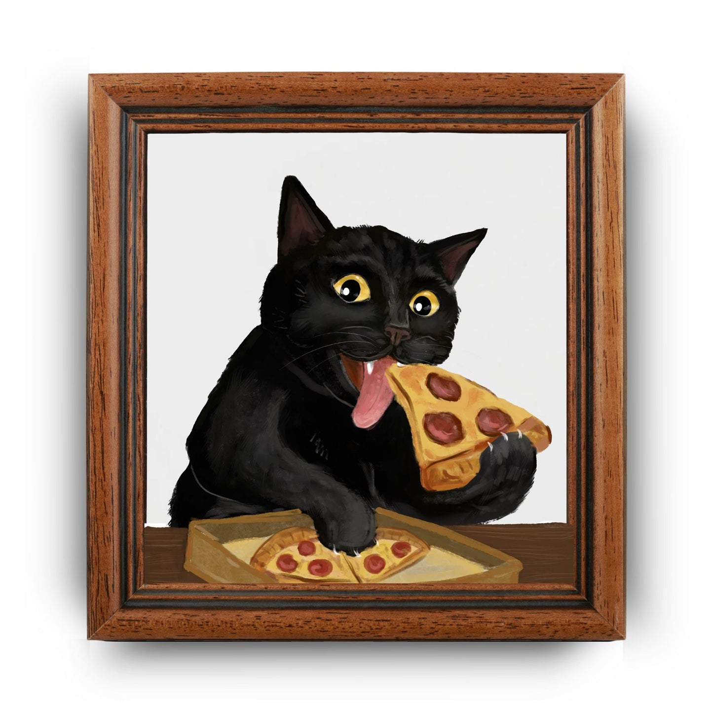 Black Cat Eating Pizza Ceramic Tile - MerikaArt