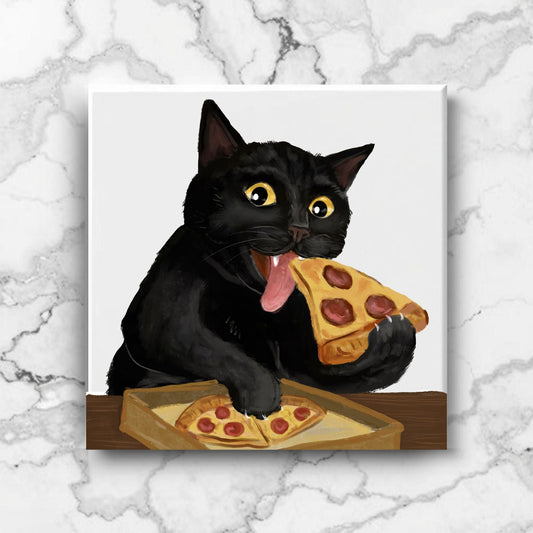 Black Cat Eating Pizza Ceramic Tile - MerikaArt