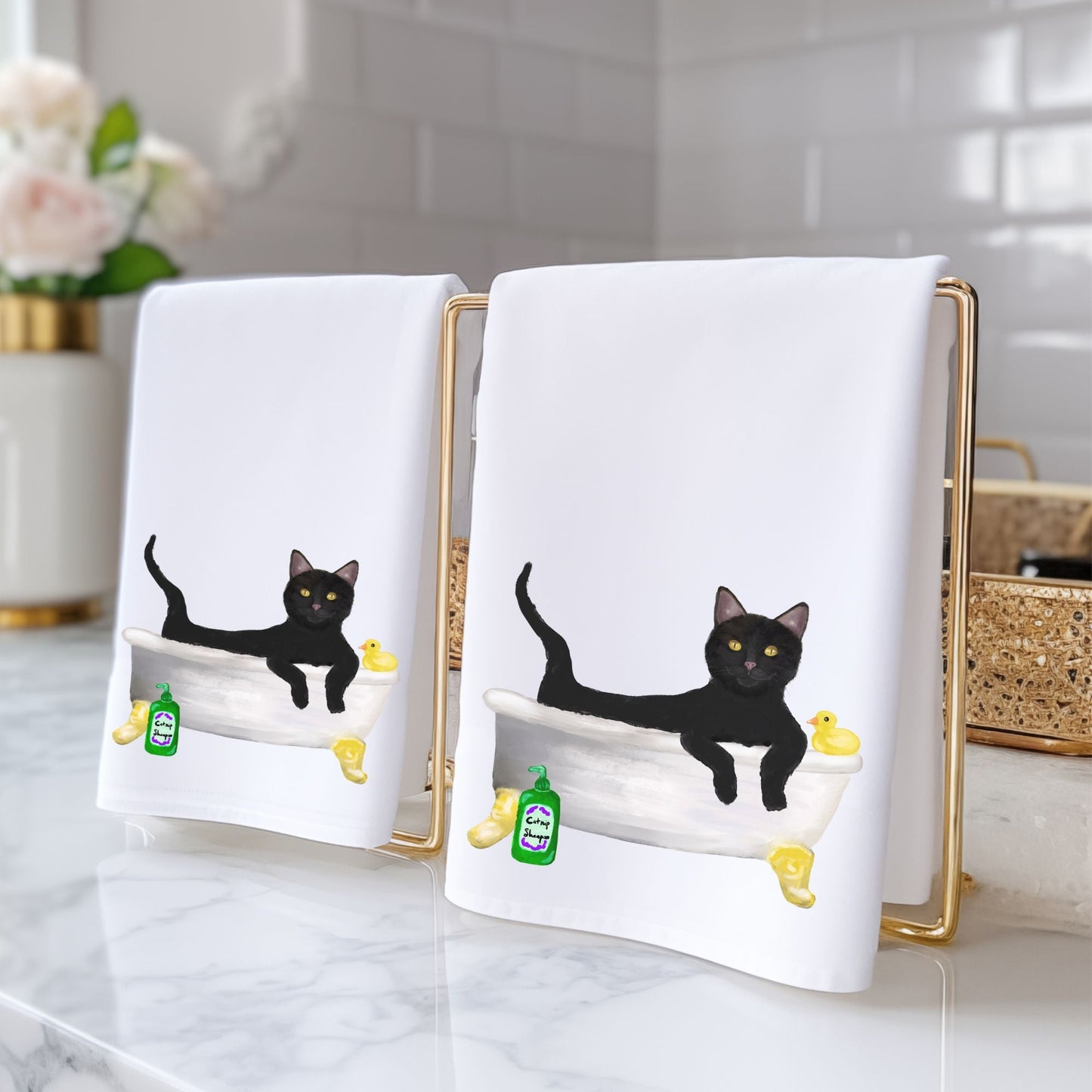 Black Cat in Bathtub Bathroom Towel - MerikaArt